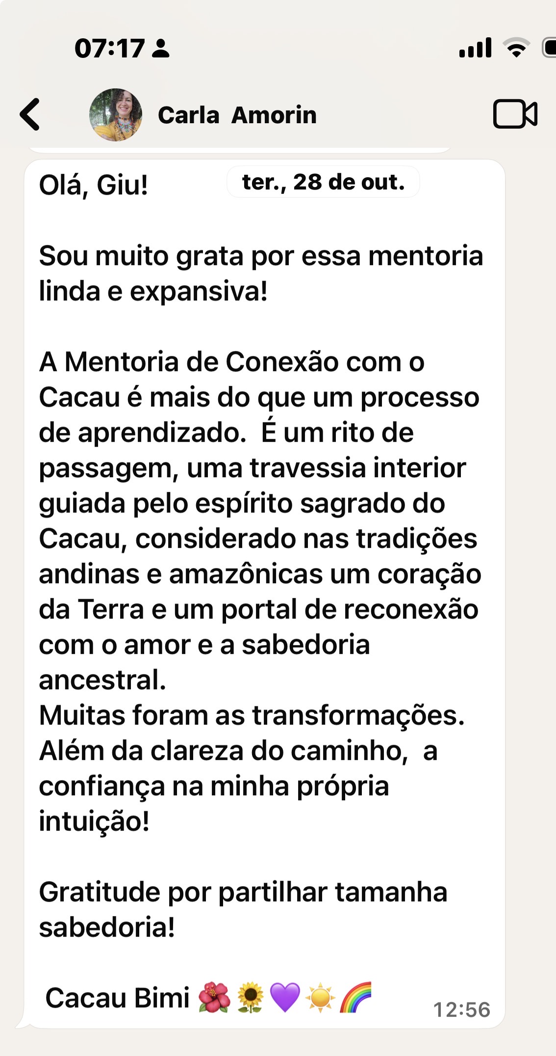 Depoimento — cerimônia de cacau